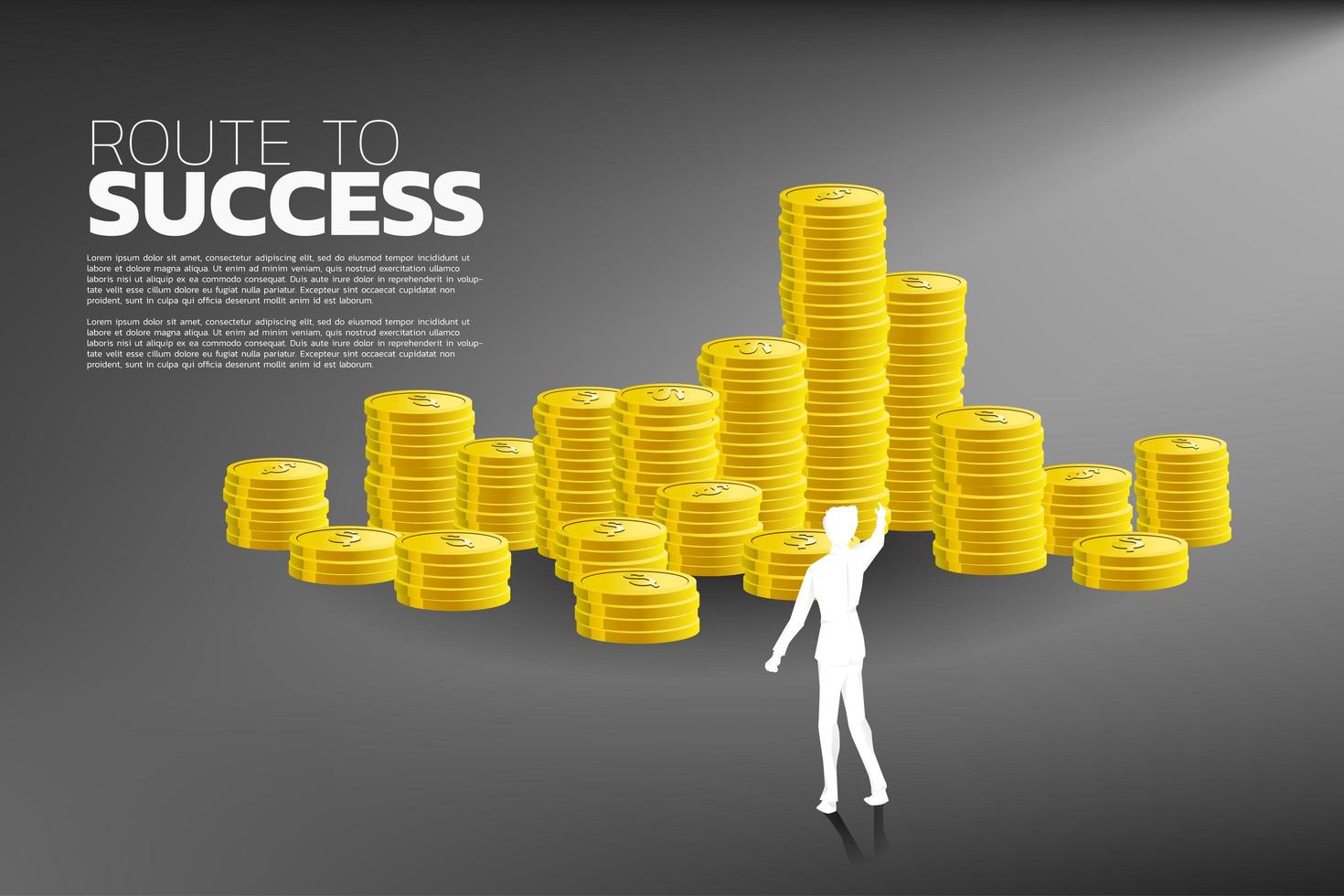 Silhouette of business man pointing at stacks of coins vector