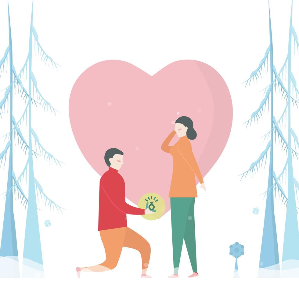 Man Proposing to Woman in Snowy Pine Trees