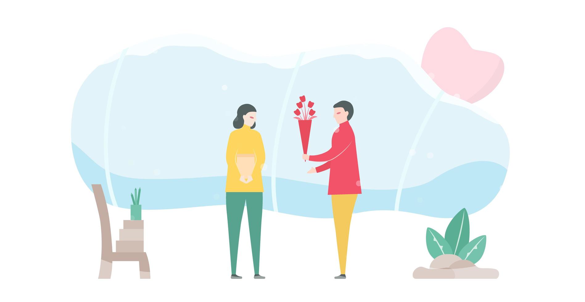 Man Giving a Bouquet of Flowers to Woman vector