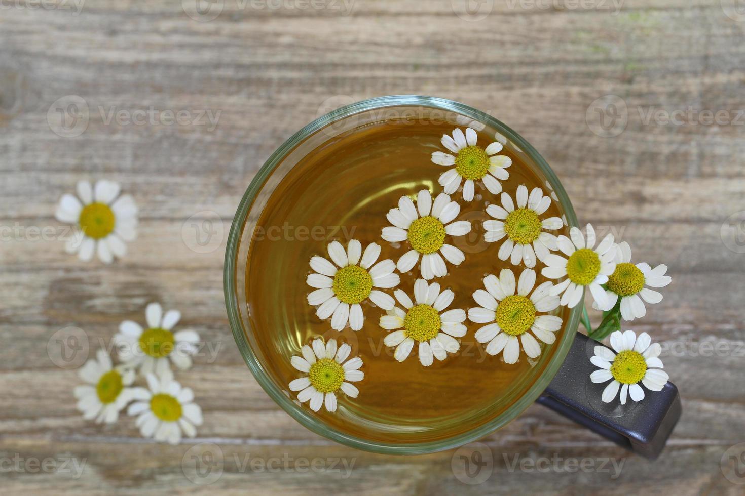 Chamomile tea, chamomile flowers with copy space photo