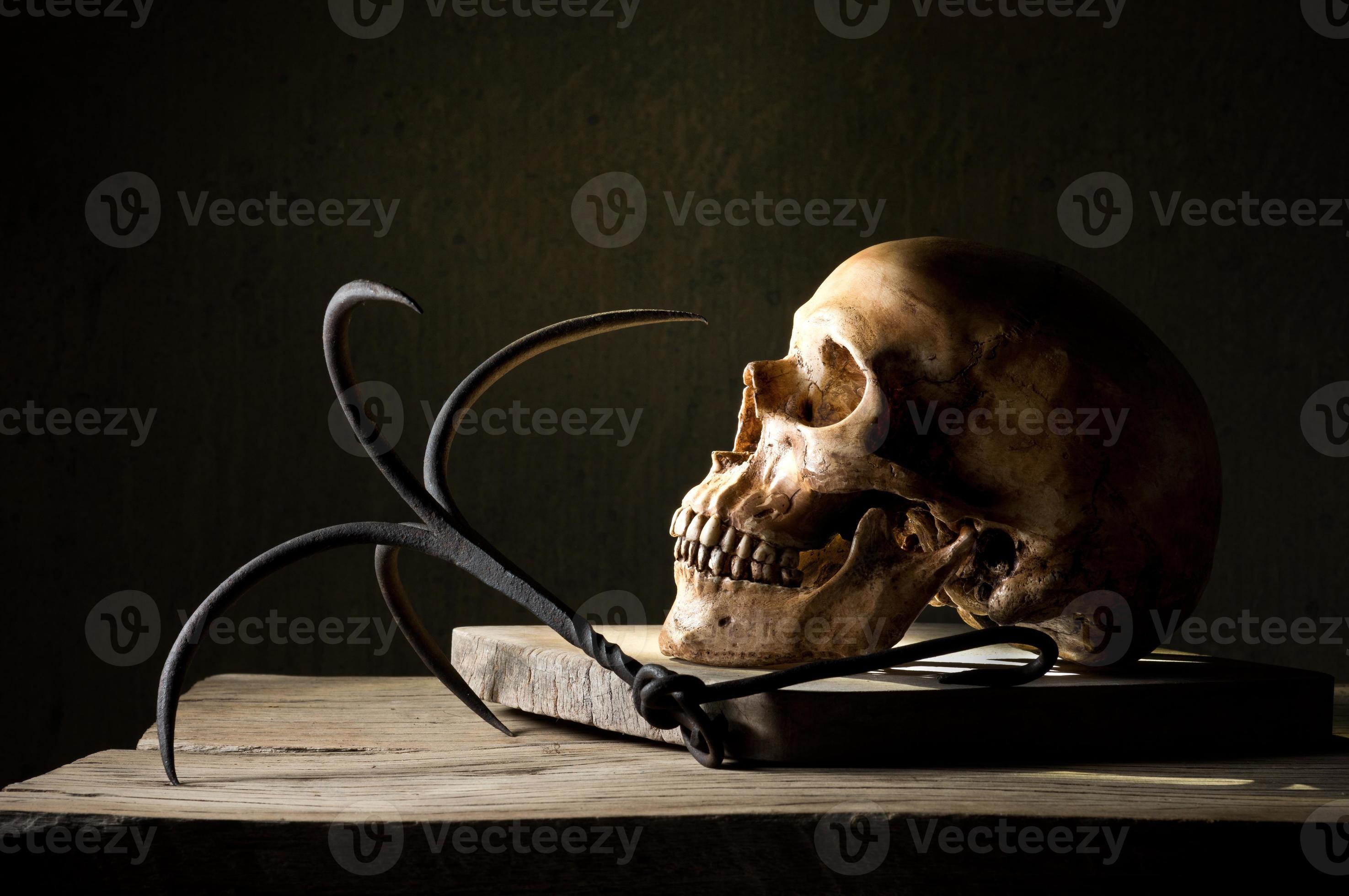 Human Skull With Steel Hook Stock Photo