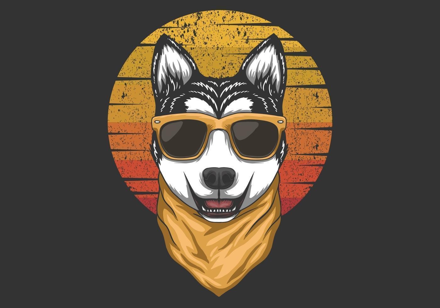 Ilustración retro puesta de sol husky vector