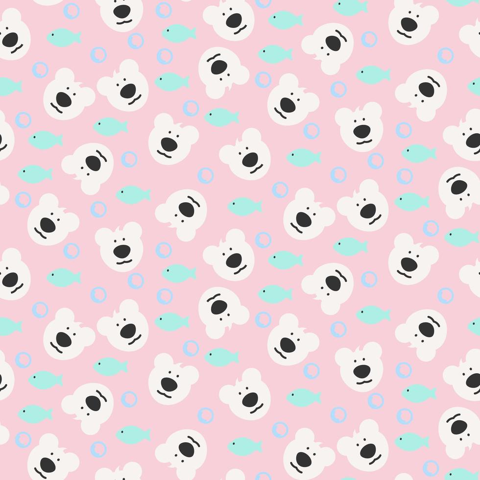 Seamless polar bear face and fish pattern vector