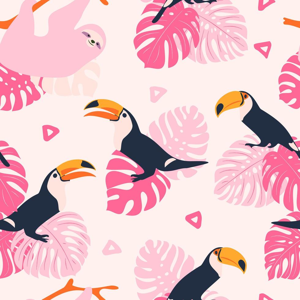 Tropical Pastel Pattern with Toucans and Sloths Pattern vector