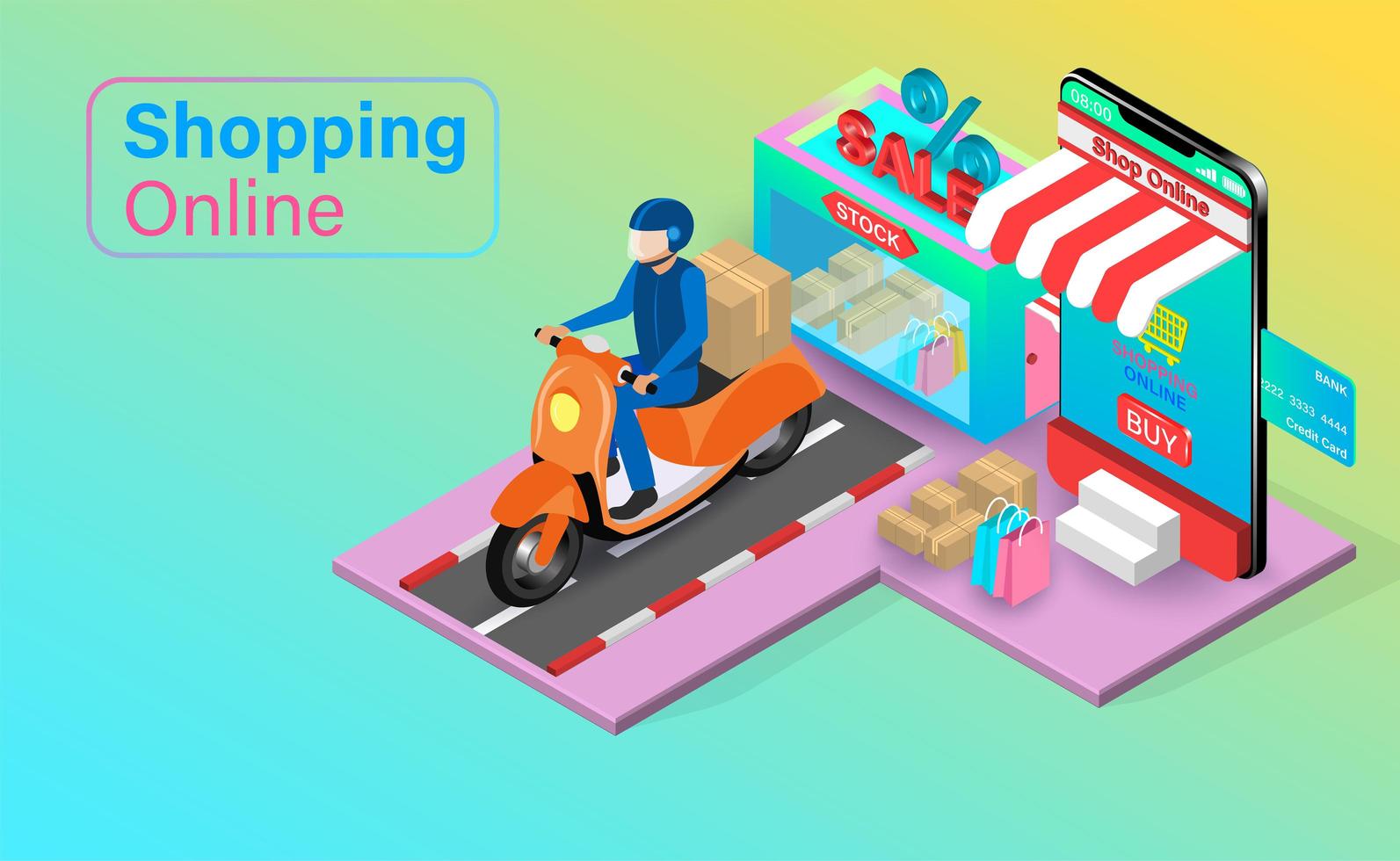 Online Shopping with Scooter Delivery vector