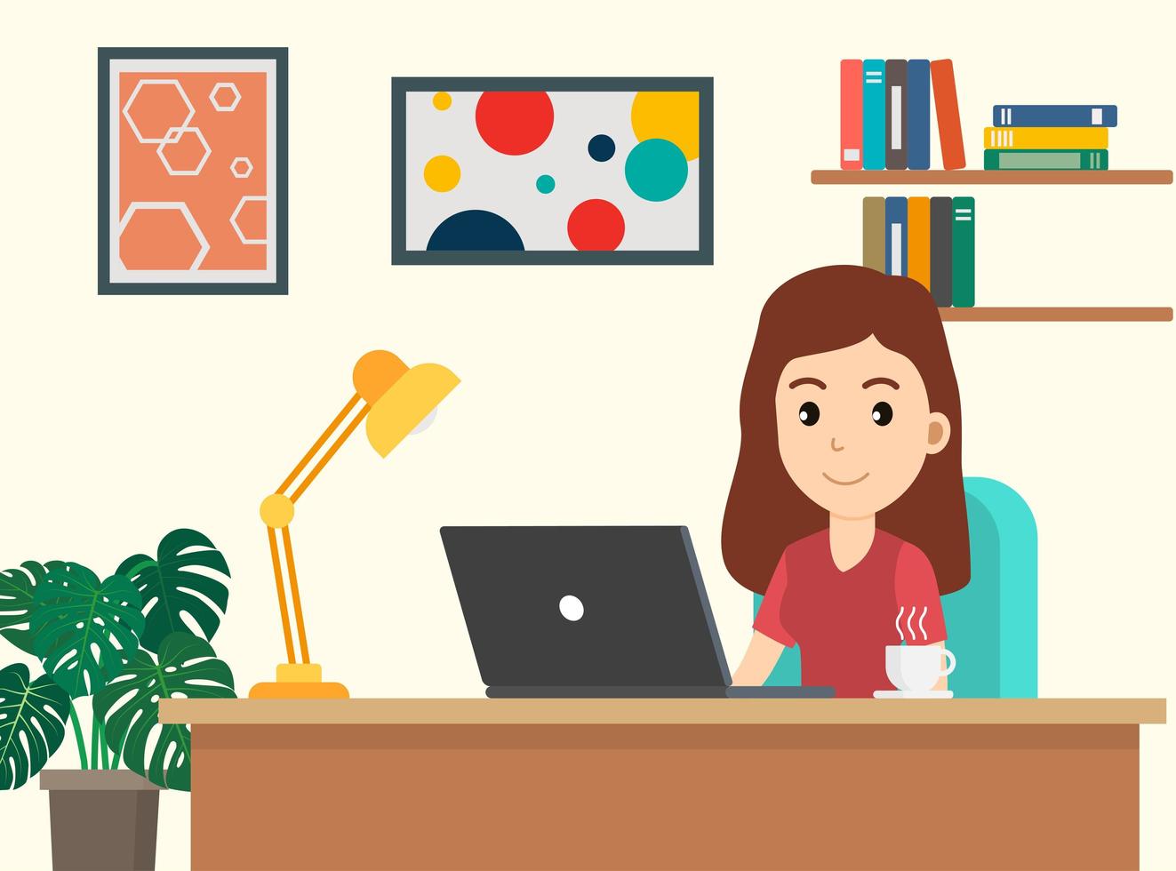 Woman working on laptop at home vector