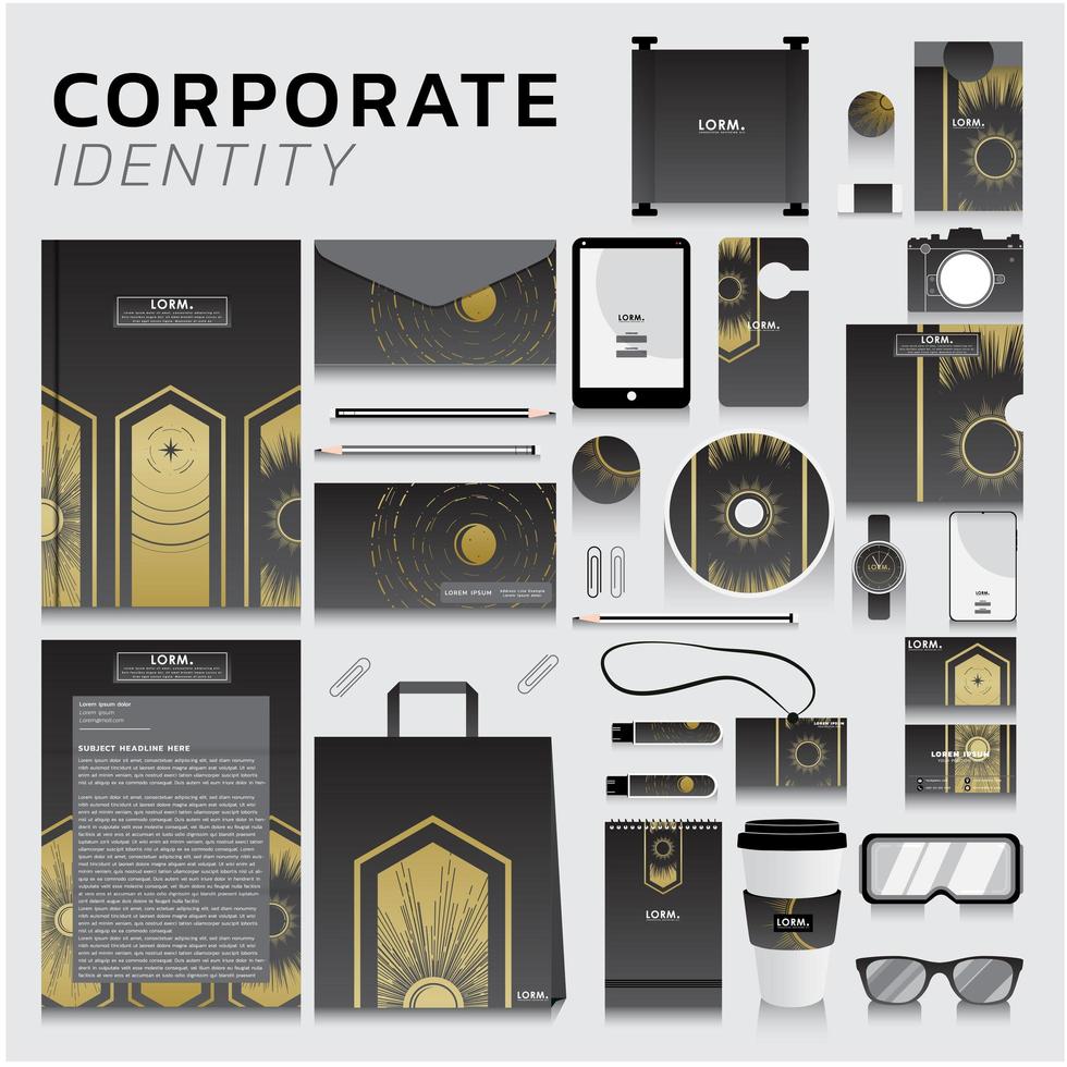 Corporate identity set with gold design on gray vector