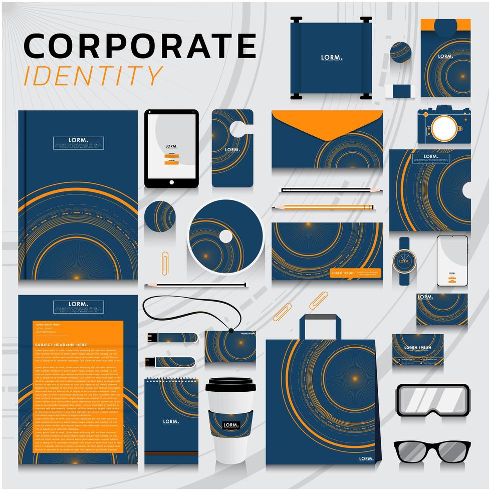 identidad corporativa en azul y naranja con círculos vector