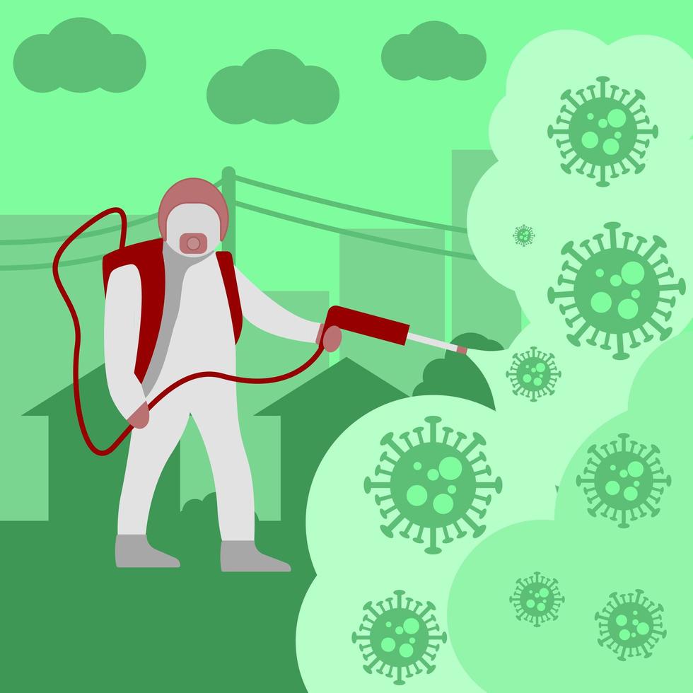Paramedic in hazmat spraying disinfectant vector