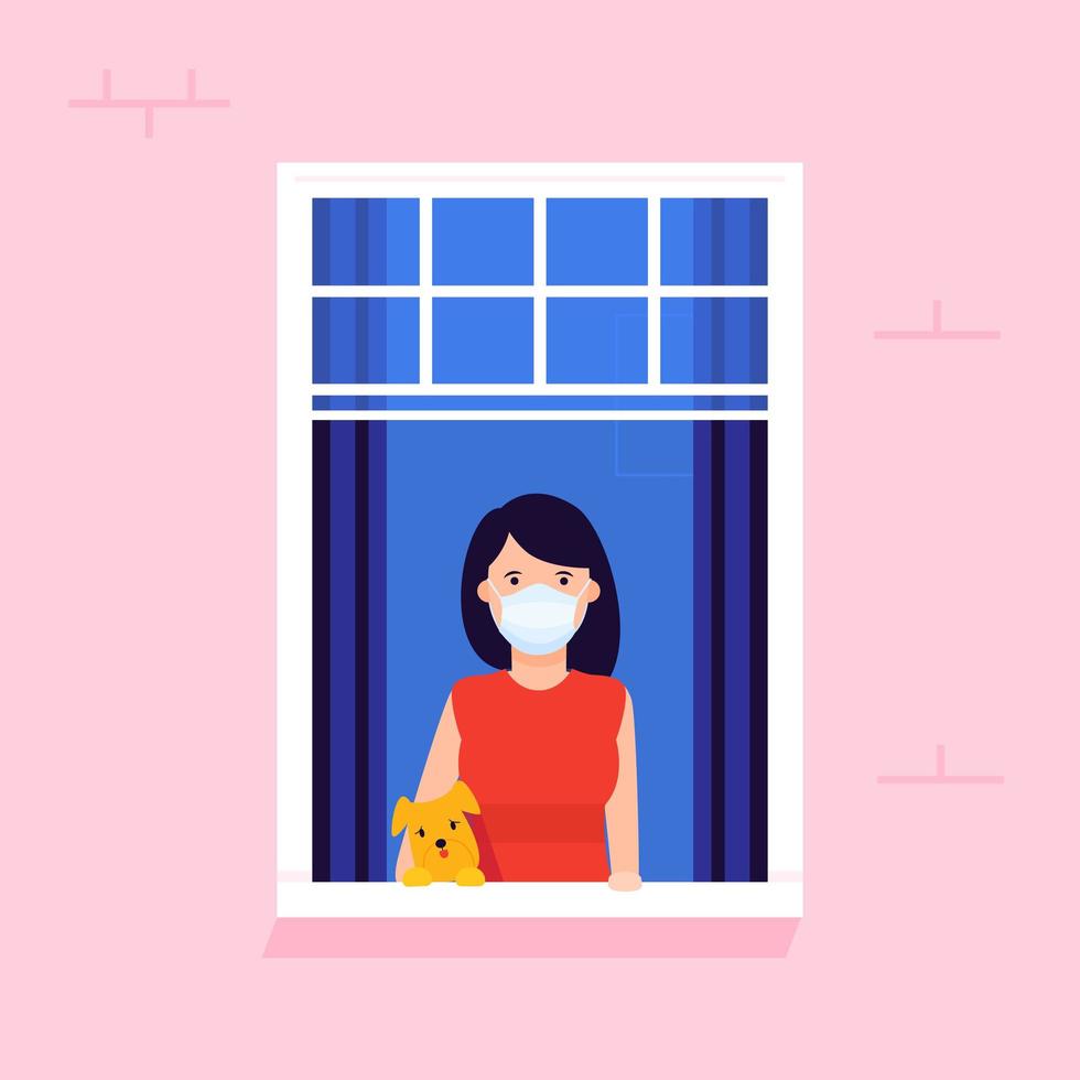 Woman Together with Her Dog Looking Out The Window vector