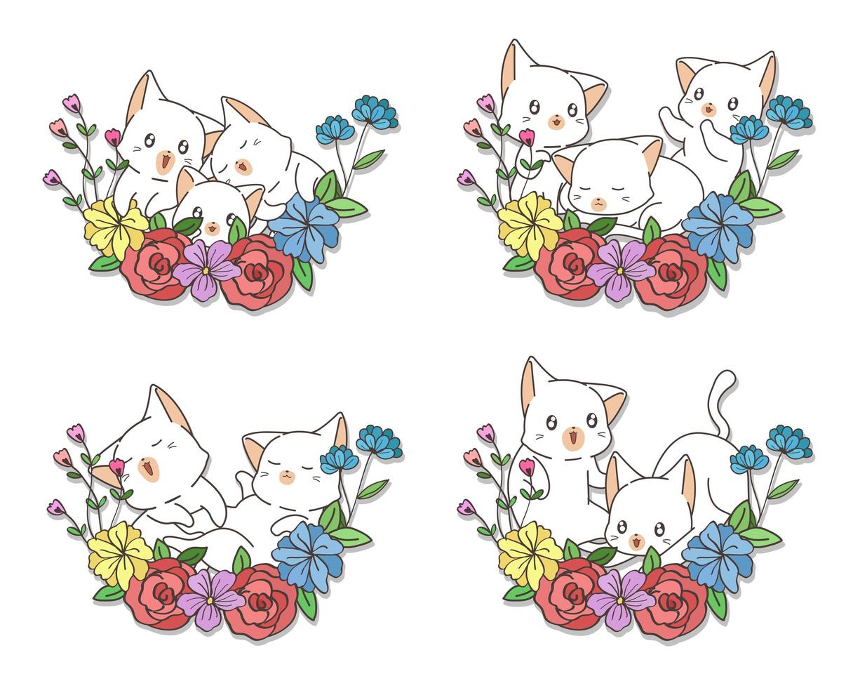 conjunto de gatos dibujados a mano con flores vector