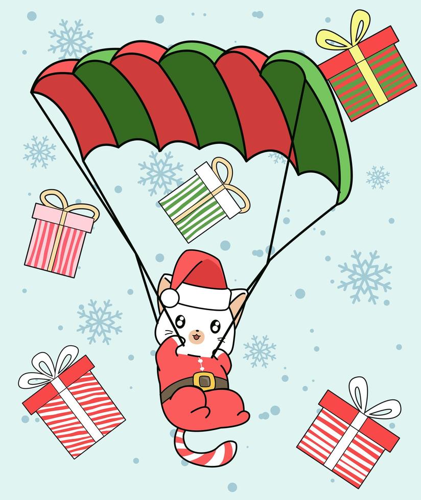 gato de Papá Noel con paracaídas y regalos cayendo vector