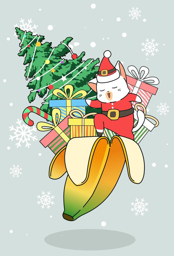 Papá Noel gato con regalos y árbol de navidad en cáscara de plátano vector