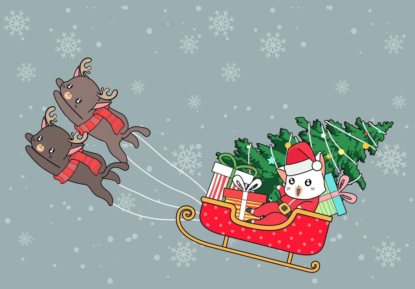 Santa Clause Cat in Sleigh Pulled by Reindeer Cats vector