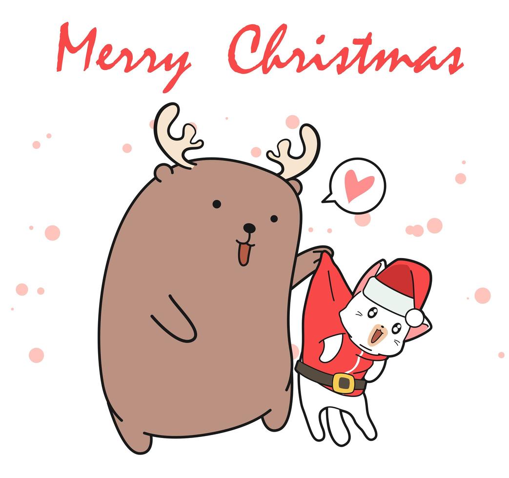 Cartoon Reindeer Holding Santa Cat  vector