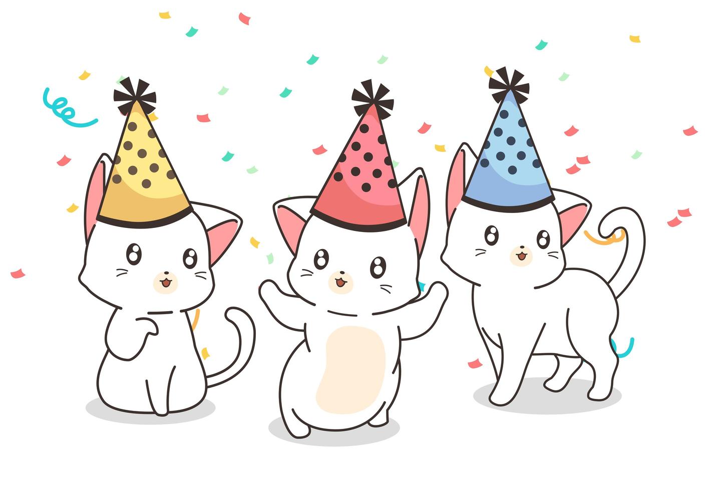 gatos con sombreros de cumpleaños en confeti vector