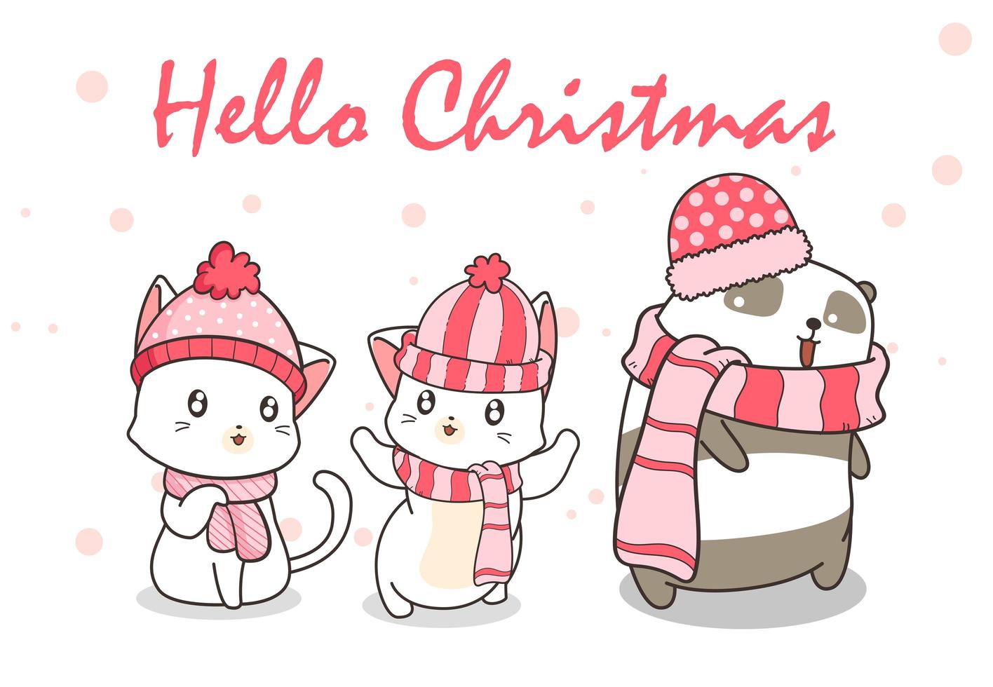 ''Hello Christmas'' with Cats and Pandas in Winter Clothing vector