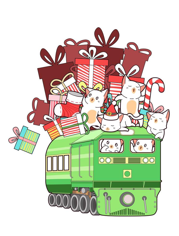 gatos montando en el tren lleno de regalos vector