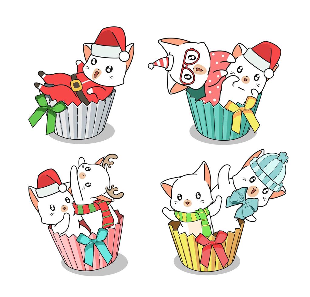 Conjunto de gatos navideños dibujados a mano en envoltorios de cupcakes vector