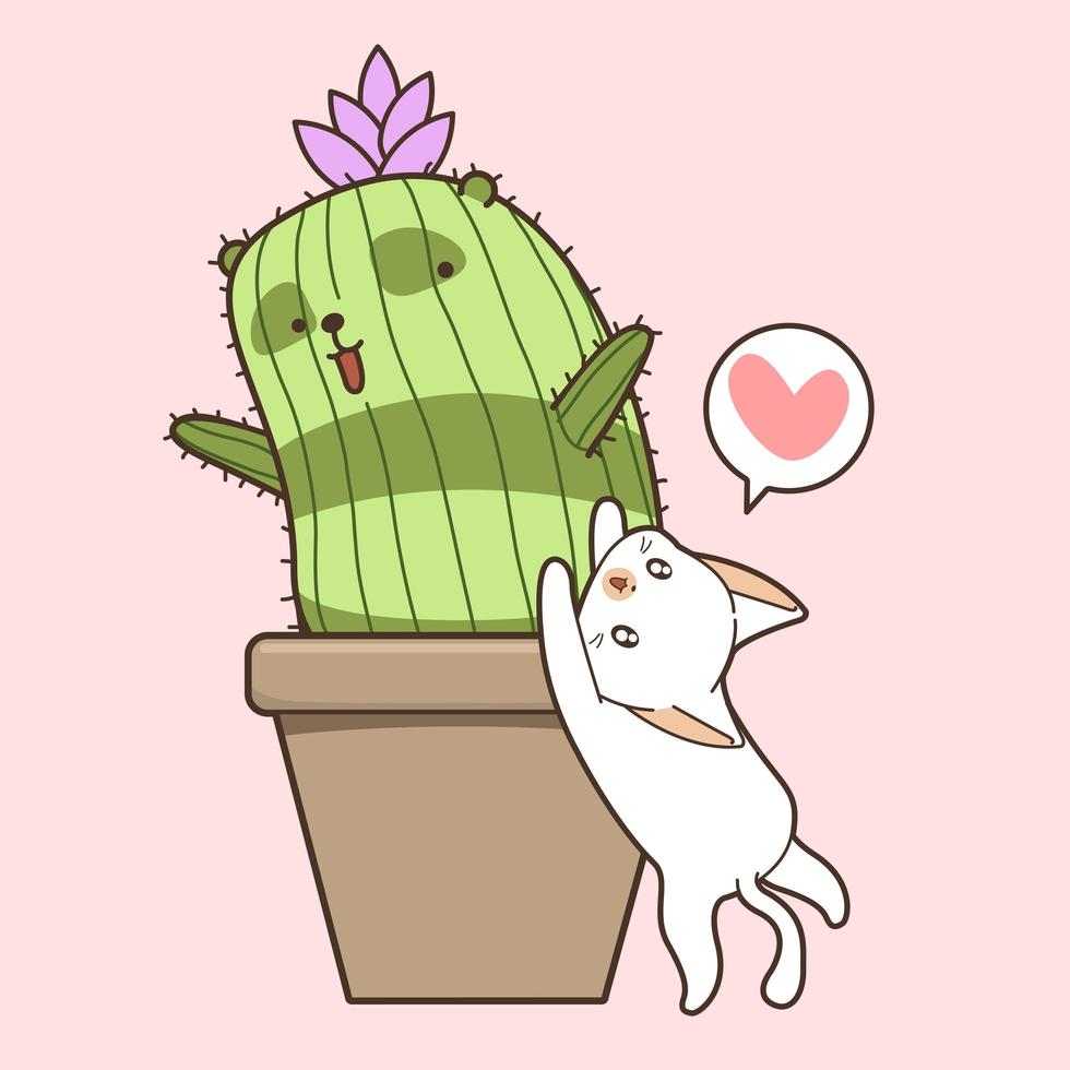 gato blanco dibujado a mano con cactus vector