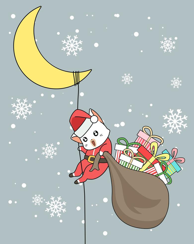 gato de Papá Noel con bolsa de regalos deslizándose por la cuerda de la luna vector