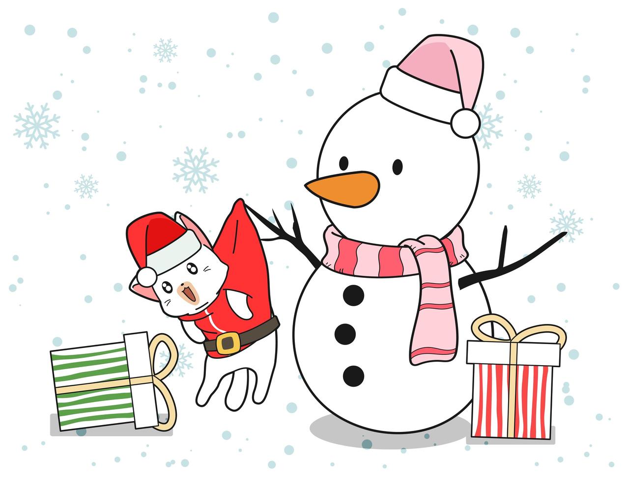 Snowman and Santa Cat with Gifts vector