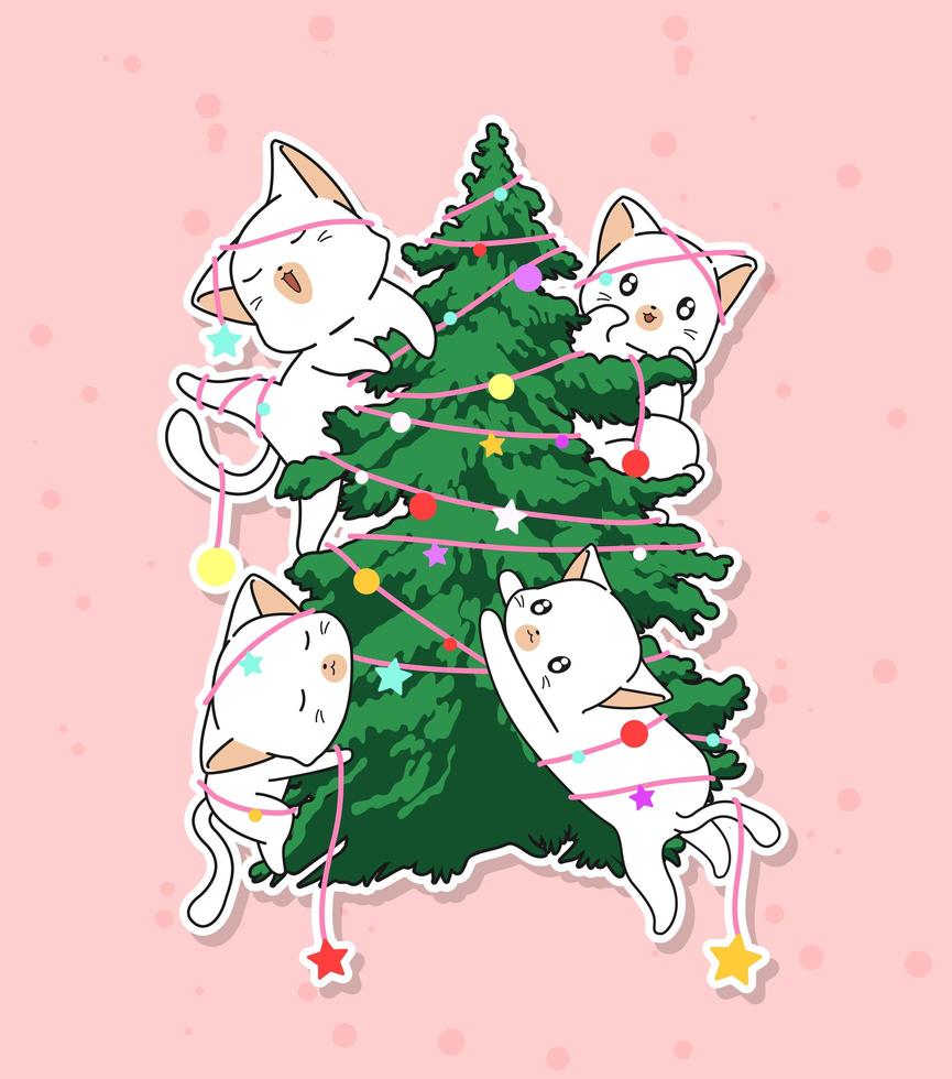 gatos enredados en las luces del árbol de navidad vector