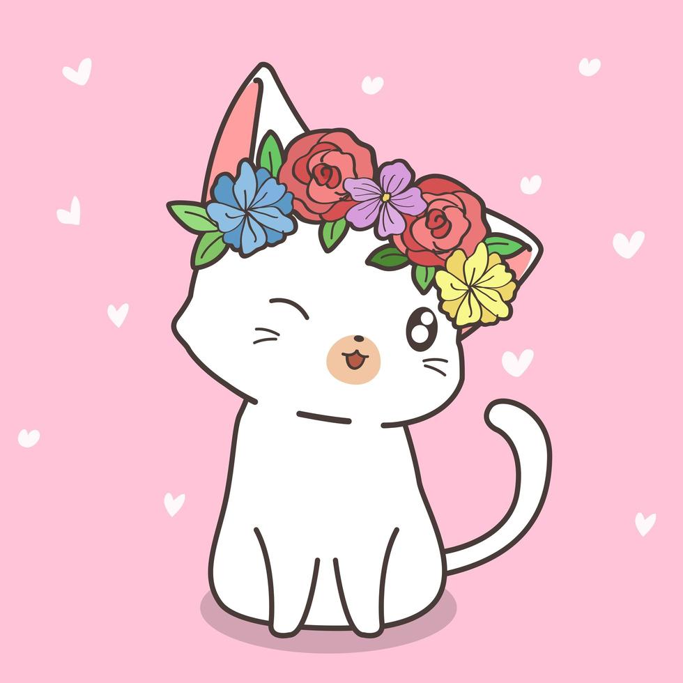 gato blanco dibujado a mano con corona de flores vector