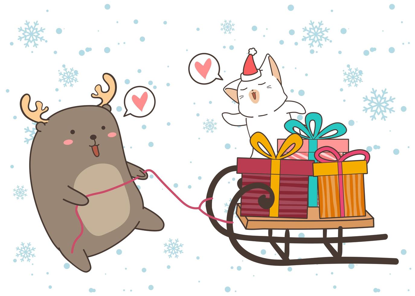 Reindeer Pulling Cat and Presents on Sleigh  vector