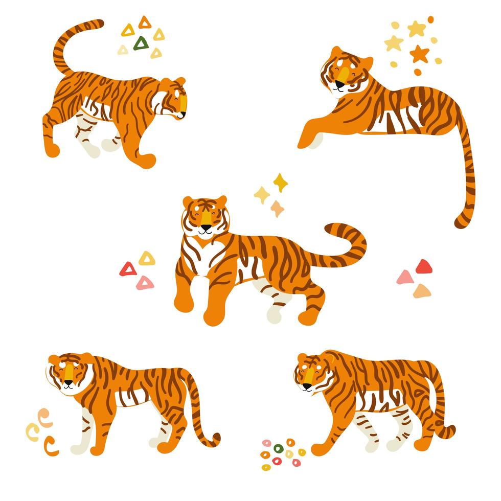 conjunto de tigres de dibujos animados vector