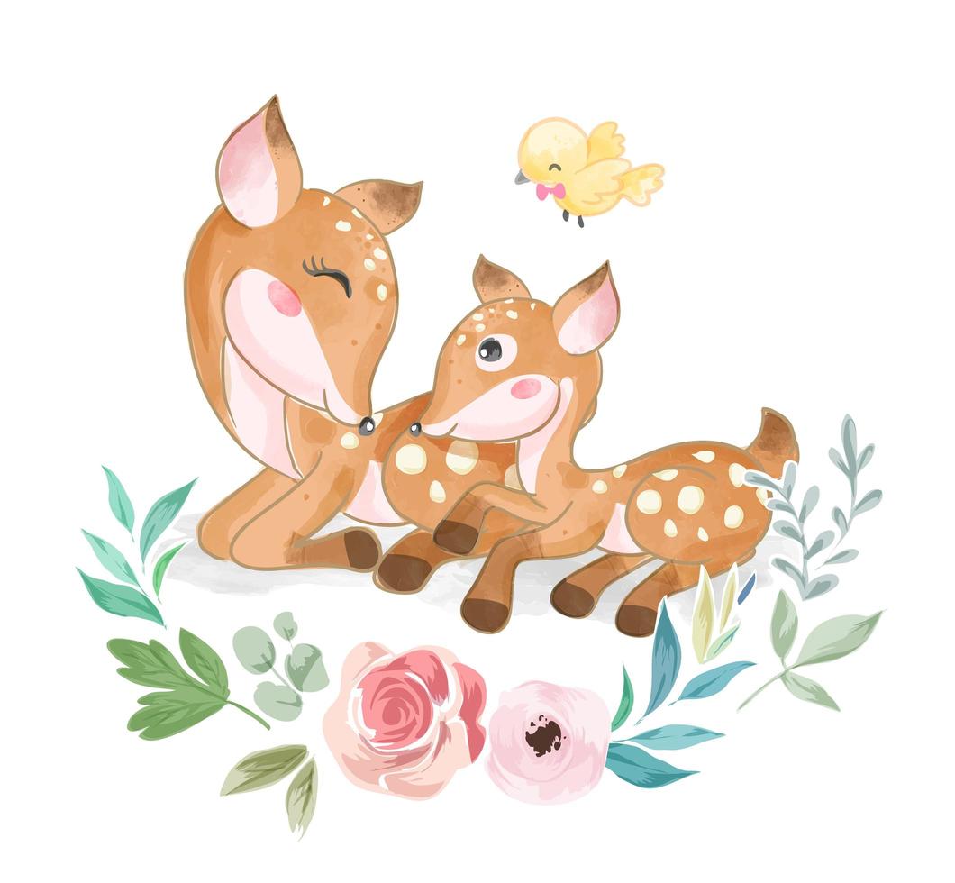 Cute Animal Deer Family With Little Bird  vector