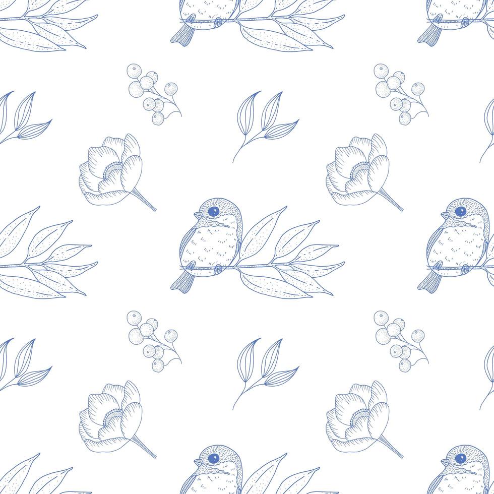 Vintage Seamless Pattern with Birds and Flowers in Blue  vector