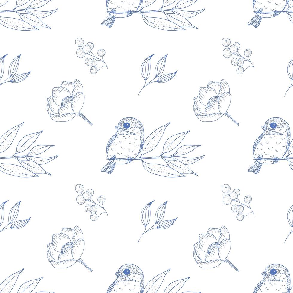 Vintage Seamless Pattern with Birds and Flowers in Blue  vector