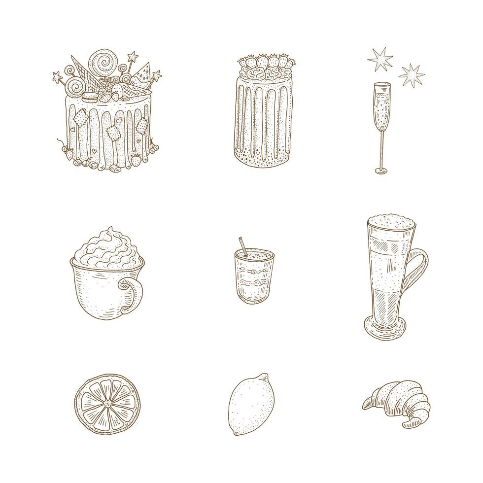 conjunto de postres y bebidas vintage vector