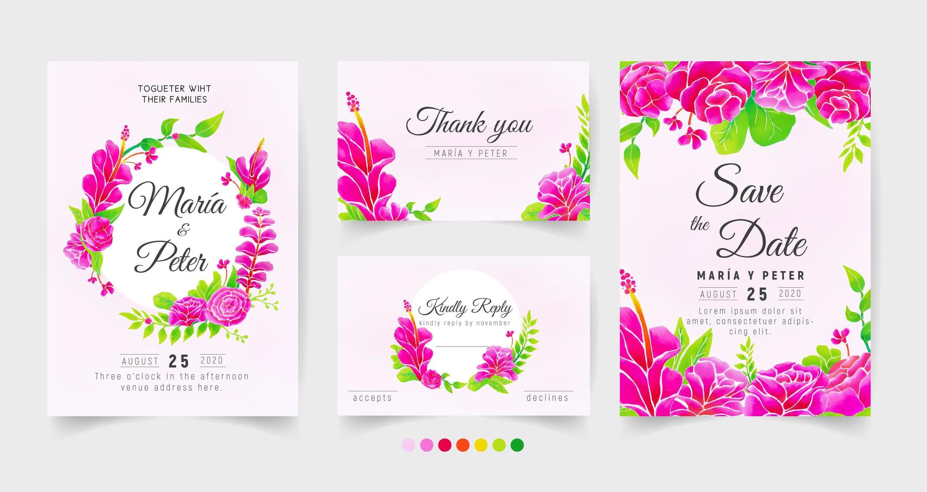 Wedding Stationary with Pink Watercolor Roses vector