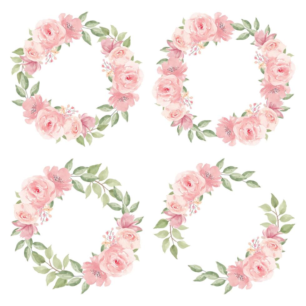 Watercolor Pink Rose Flower Wreath Collection vector