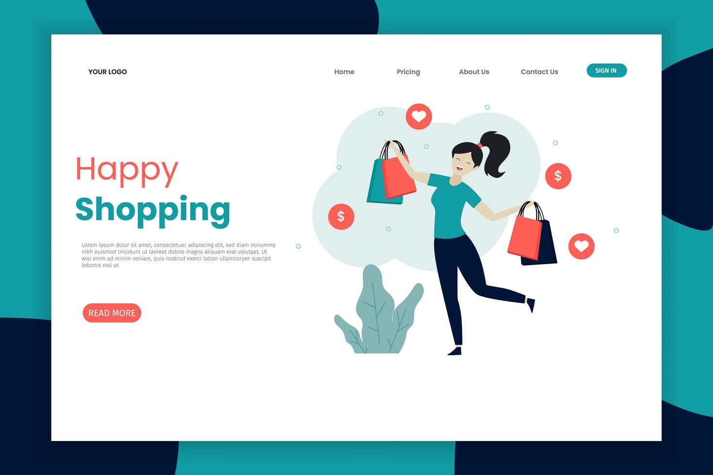 Happy woman shopping landing page template vector