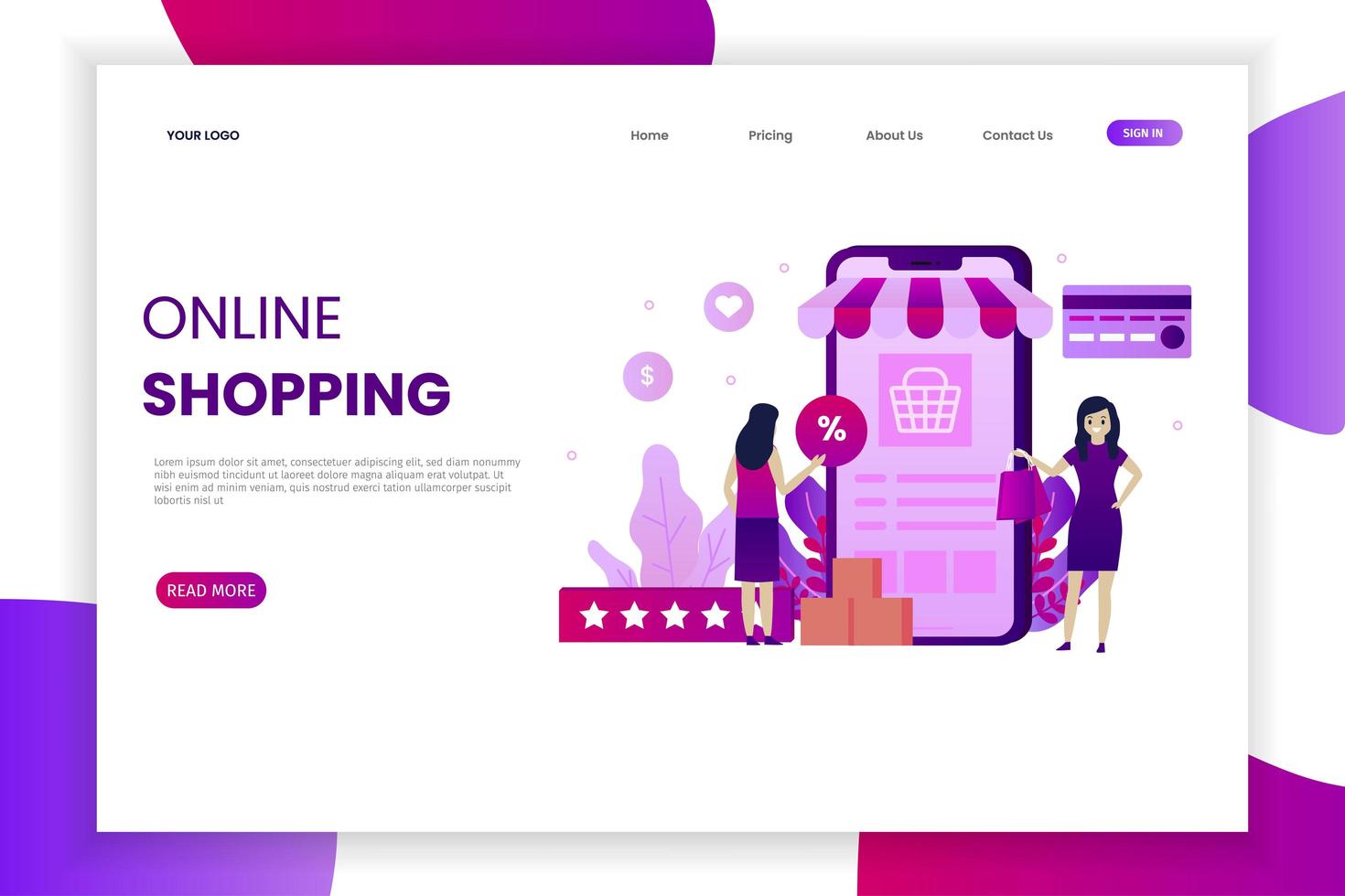 Pink and purple mobile online shopping landing page vector