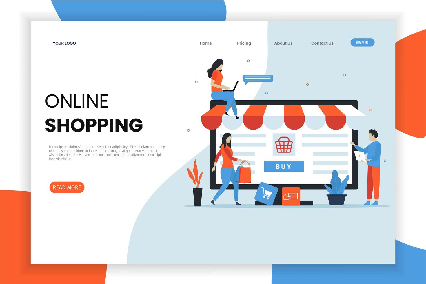 People shopping on computer landing page vector