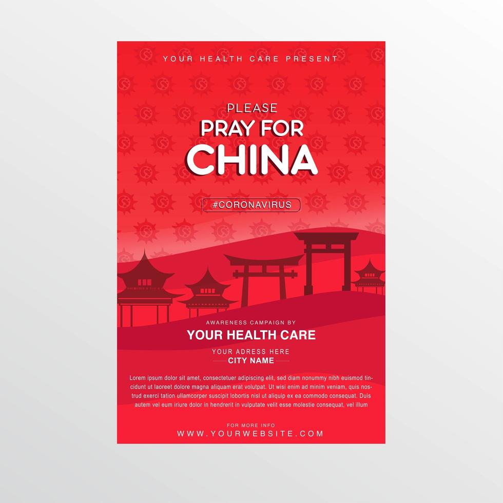 Red Coronavirus Poster with Pray for China Text vector