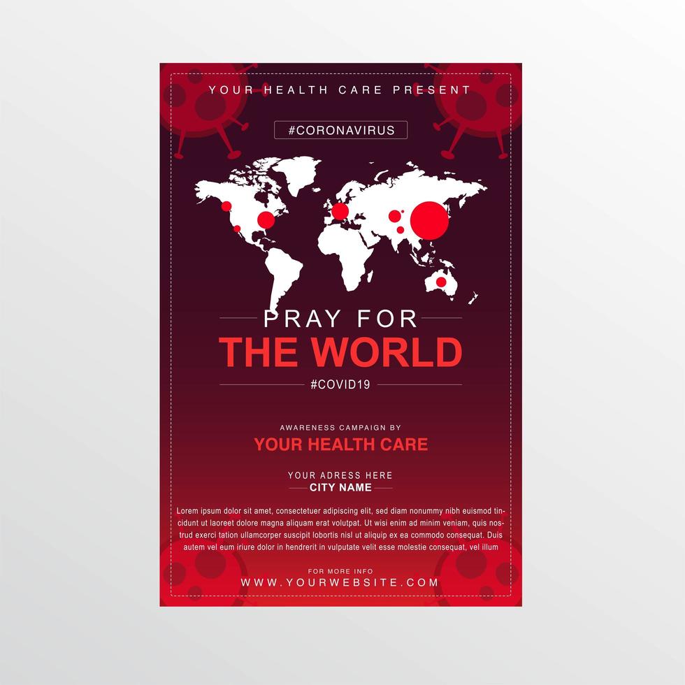 cartel de oración rojo ncov-19 con mapa del mundo blanco vector