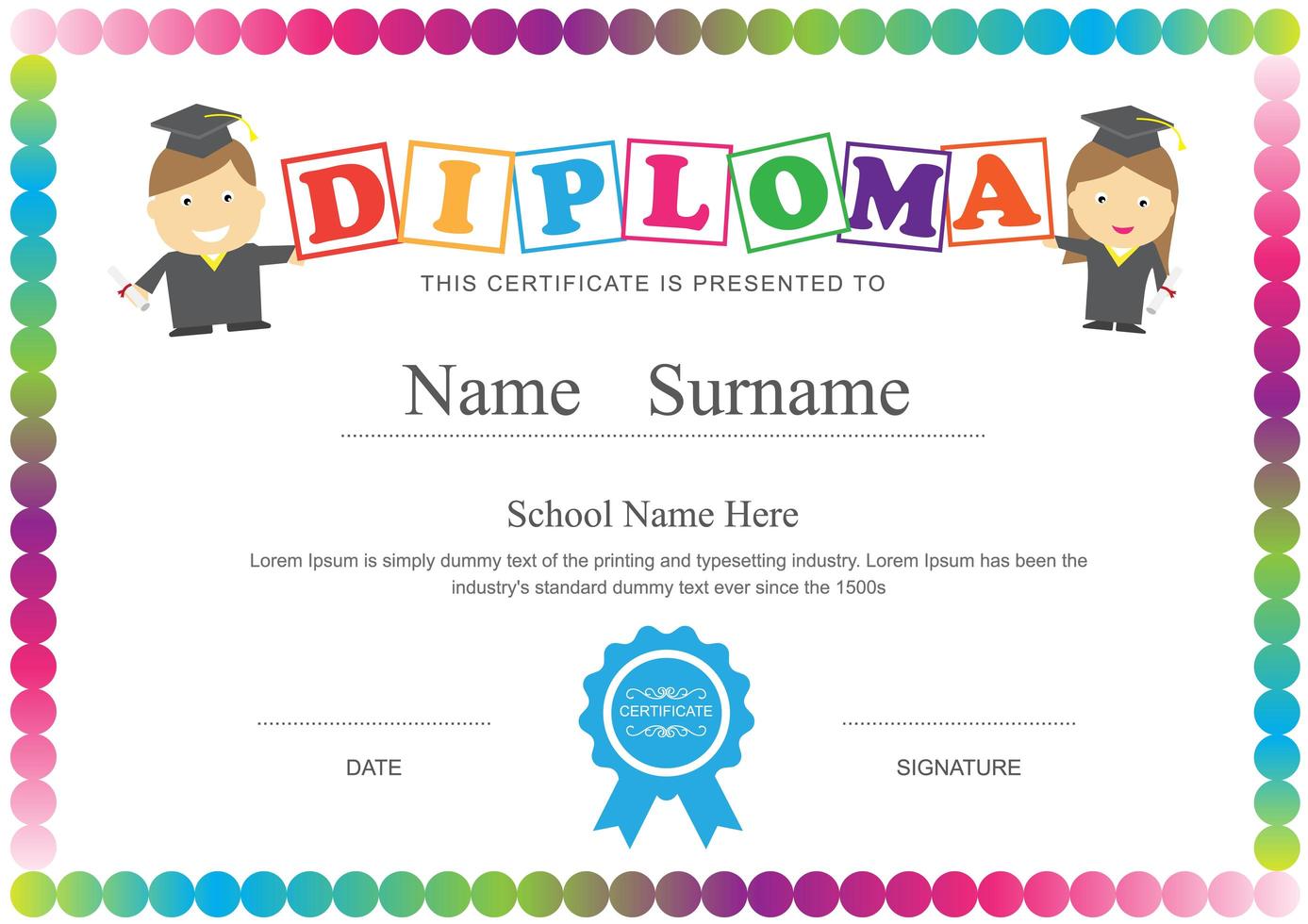 Kids Diploma with Rainbow Circle Frame vector