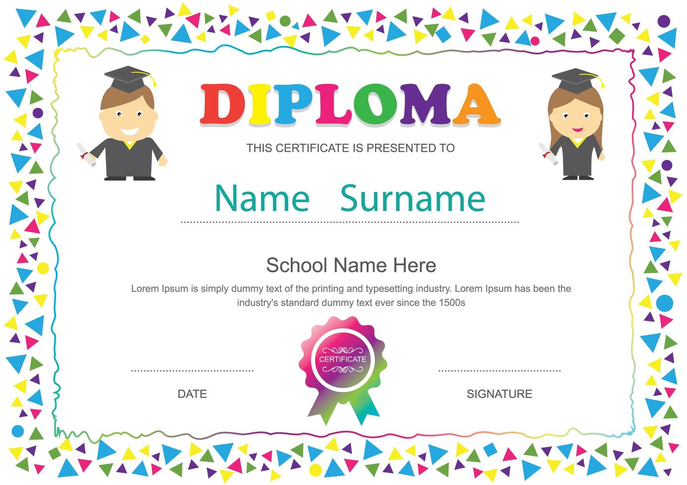 Kids School Diploma with Colorful Triangle Frame vector