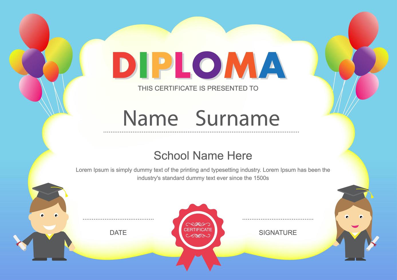 Preschool Kids Diploma with Balloons vector