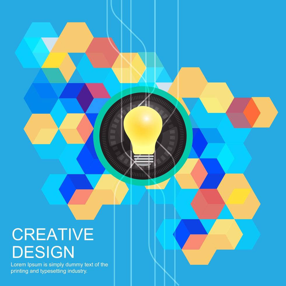 Poster with Light Bulb and Colorful Hexagons vector