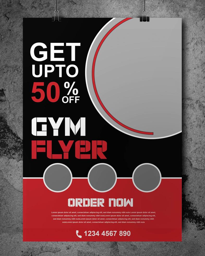 Red and Black Gym Flyer with Circular Image Frames vector