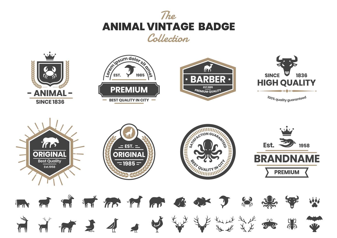 Vintage Badge Set with Dolphin and Other Animals vector