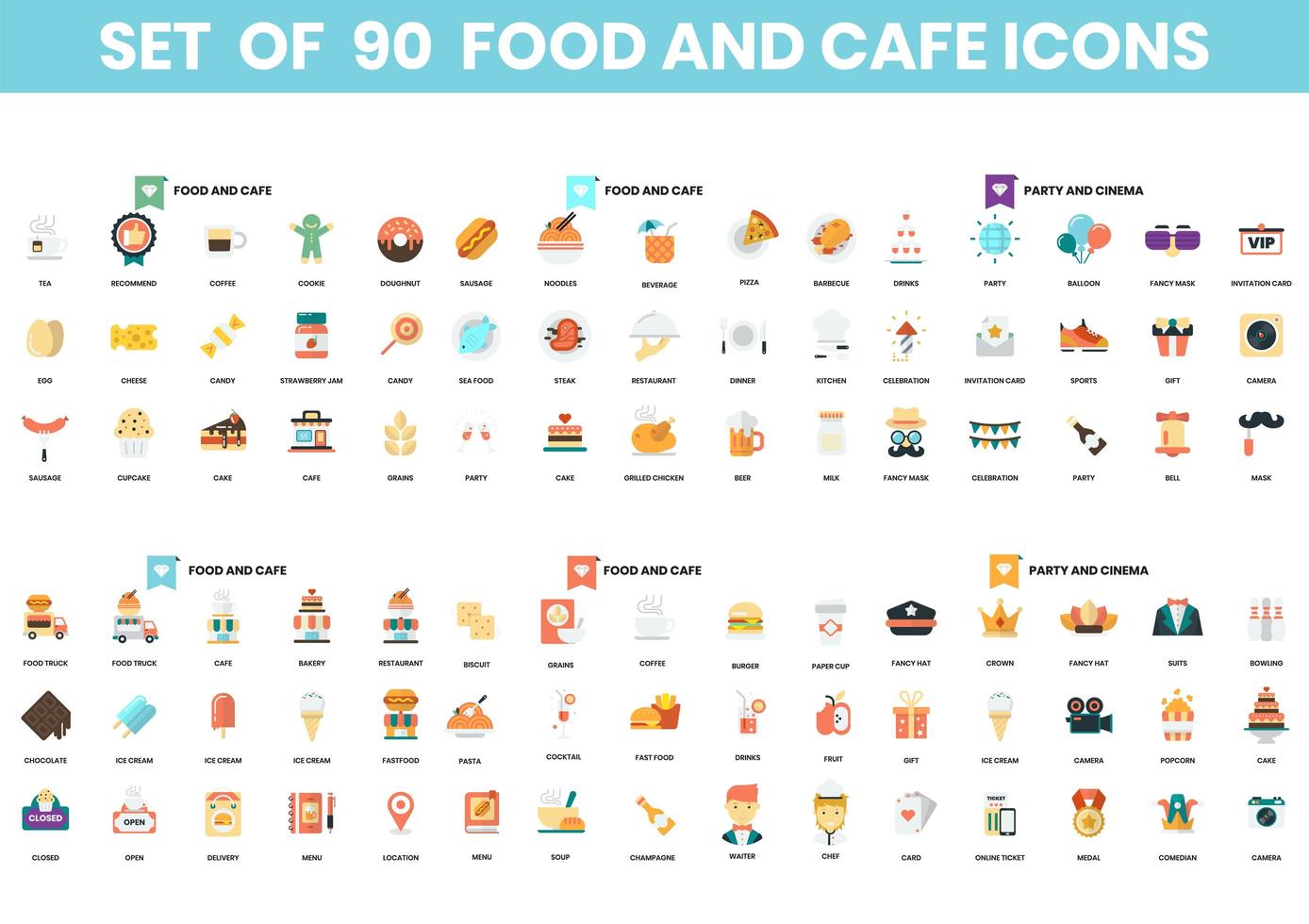 conjunto de 90 iconos de comida y fiesta vector