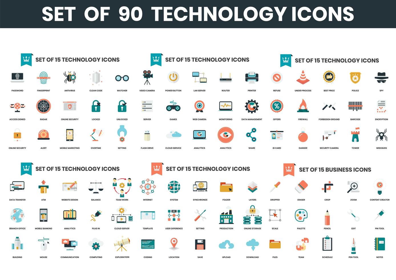 Set of 90 Technology Icons vector