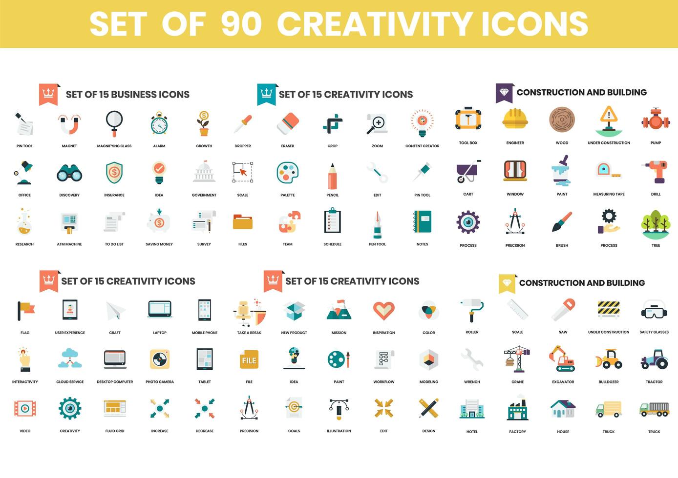 conjunto de 90 iconos de creatividad y construcción vector